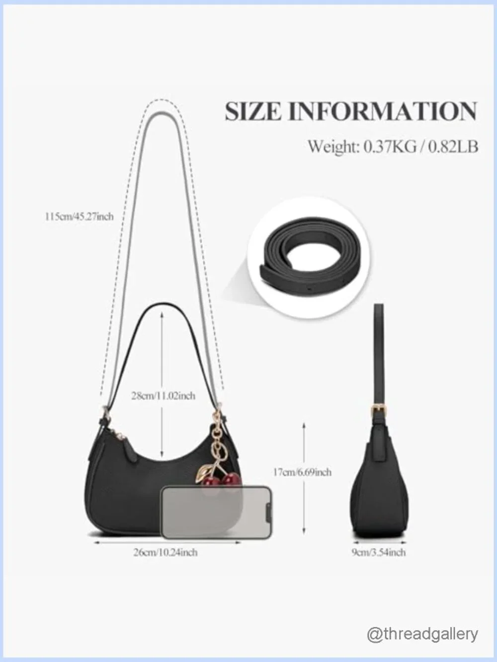 Faux Leather Crescent Crossbody Bag with Cherry Charm Zip Closure